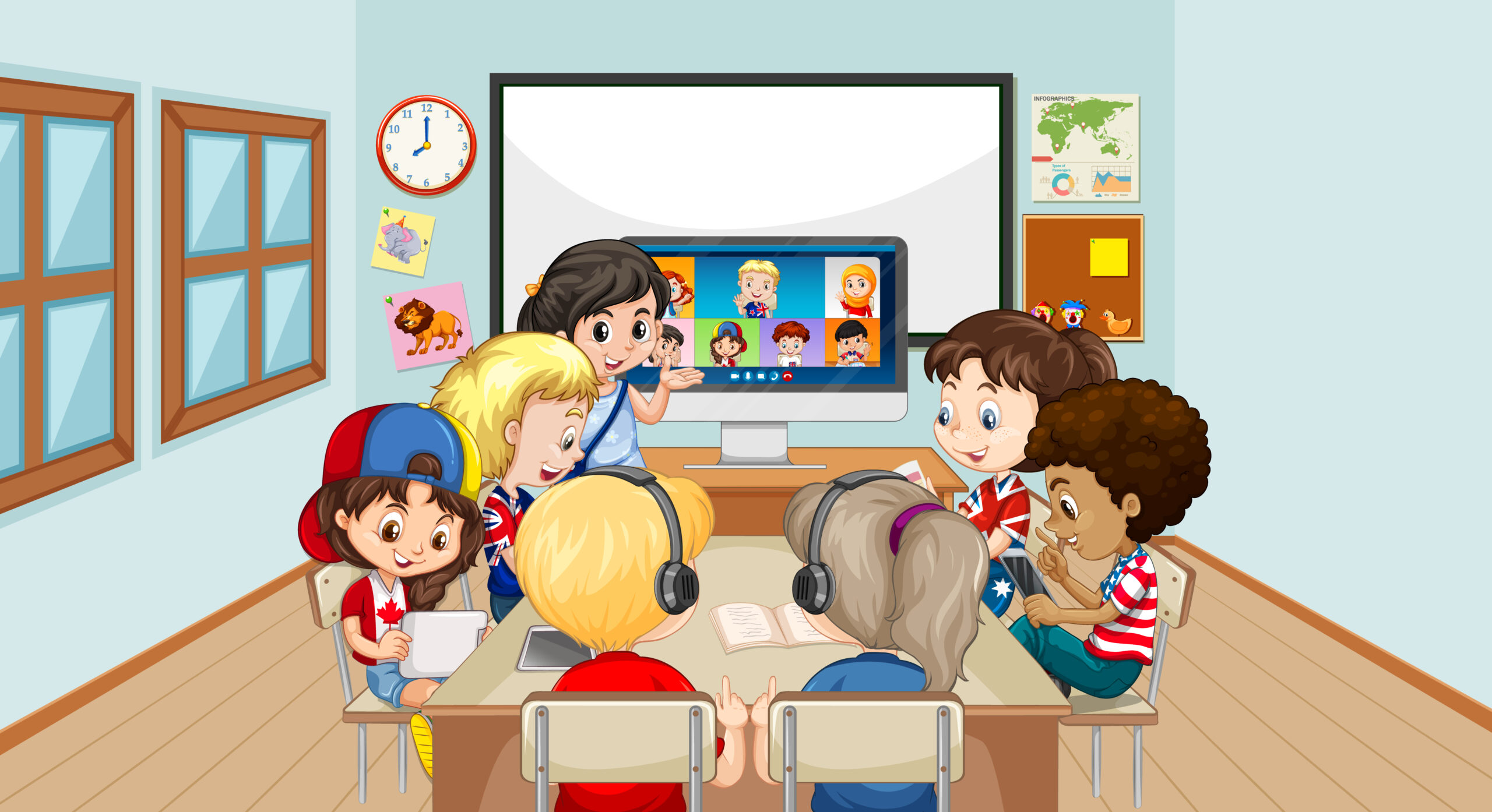 Children using laptop for communicate video conference with teacher and friends in the classroom scene illustration