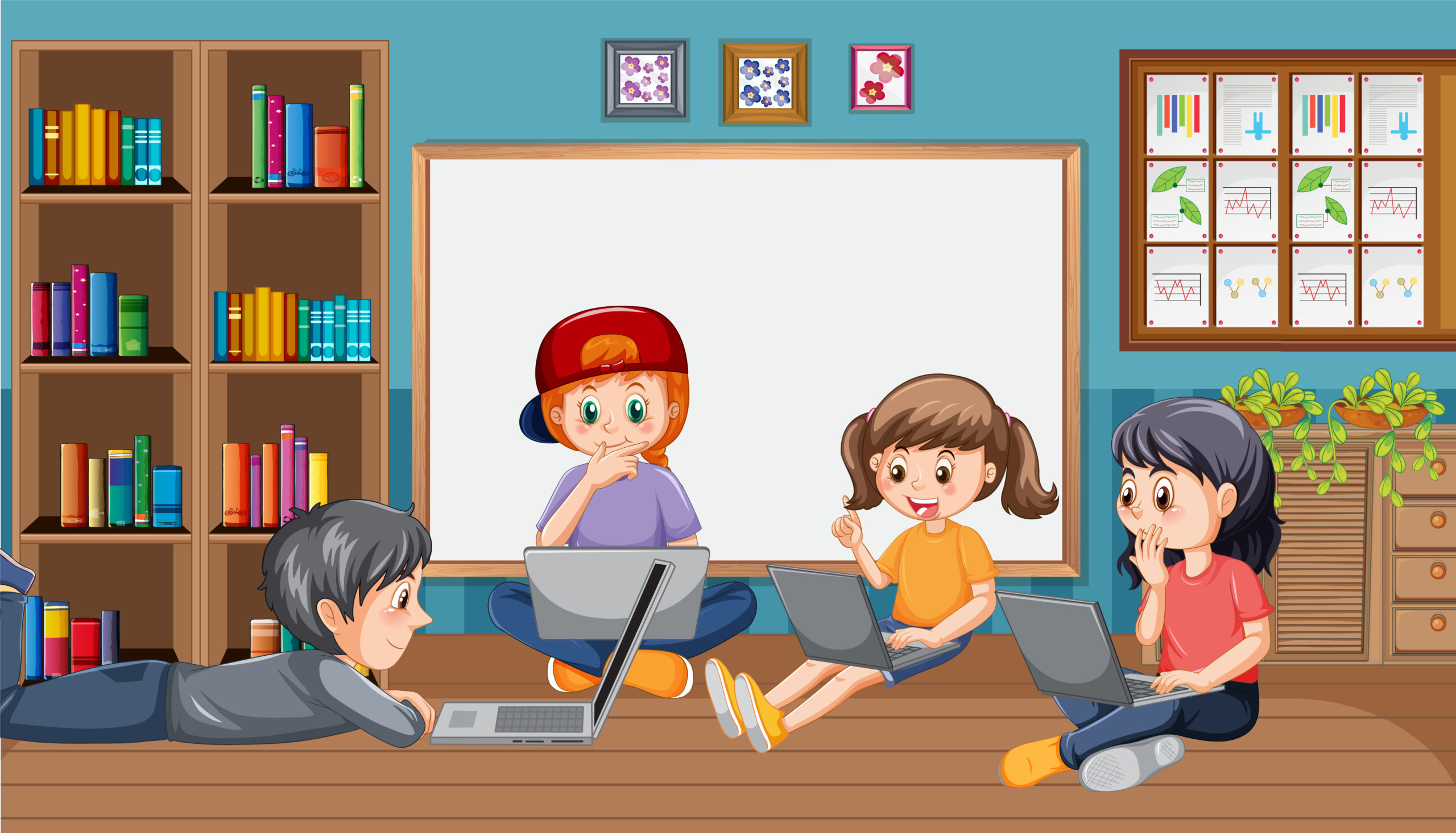 Children using technology devices at home illustration